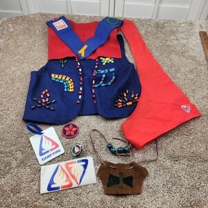 Vintage Camp Fire Girls Boys Felt Vest Sash Patches Pins Beads 1970s 1980s Lot
